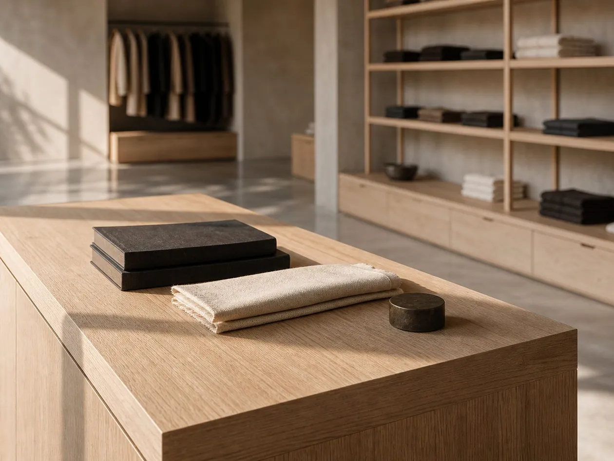 Oak display table with linen-bound books and folded cloth, shelving and garment rail beyond — Boutique Office, Vienna
