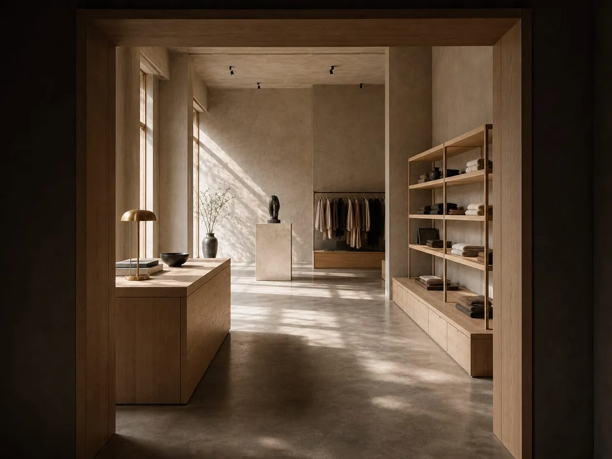 View through the oak entrance opening into the boutique, counter and garment rail beyond — Boutique Office, Vienna
