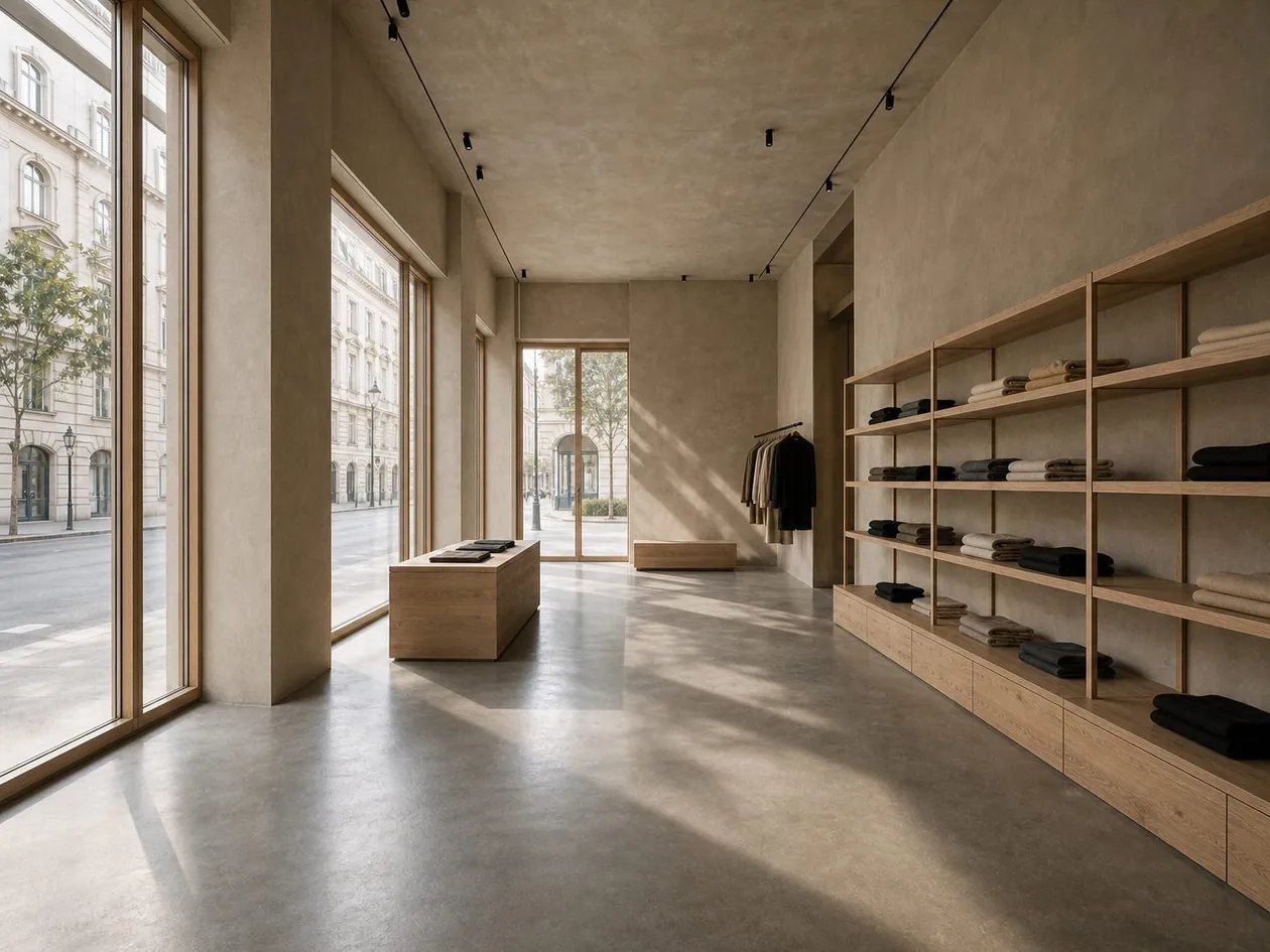 Main sales floor with full-height glazing onto the street, oak display table and wall of open oak shelving — Boutique Office, Vienna