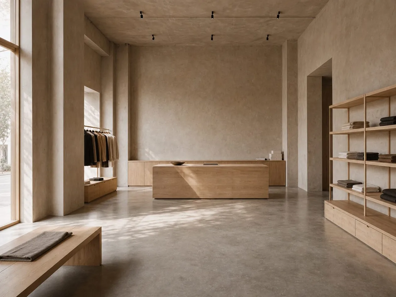 Solid pale oak service counter standing free on the sales floor with garment rail and open shelving beyond — Boutique Office, Vienna