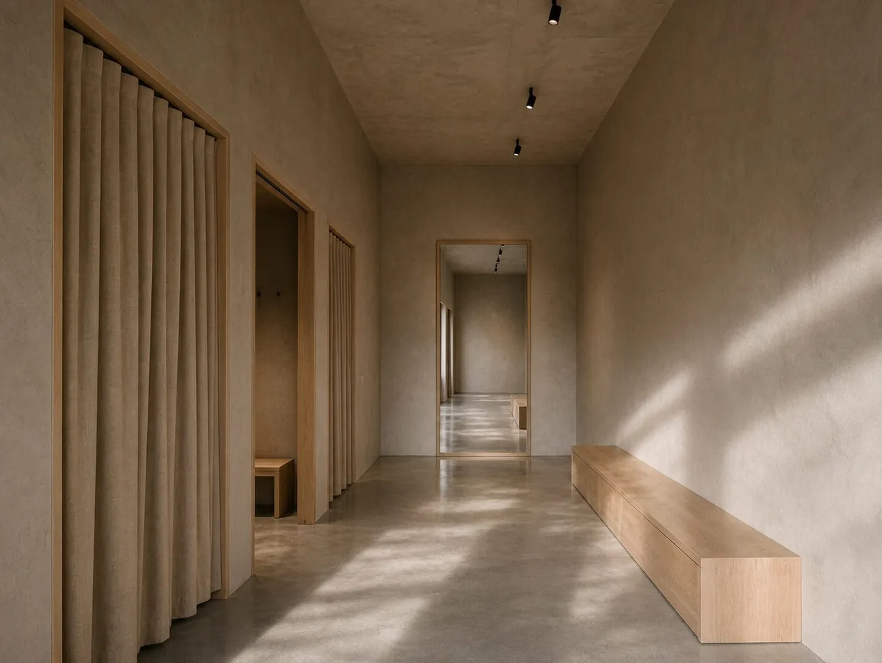 Corridor of changing cabins behind full-height oatmeal linen curtains with a long oak bench opposite — Boutique Office, Vienna