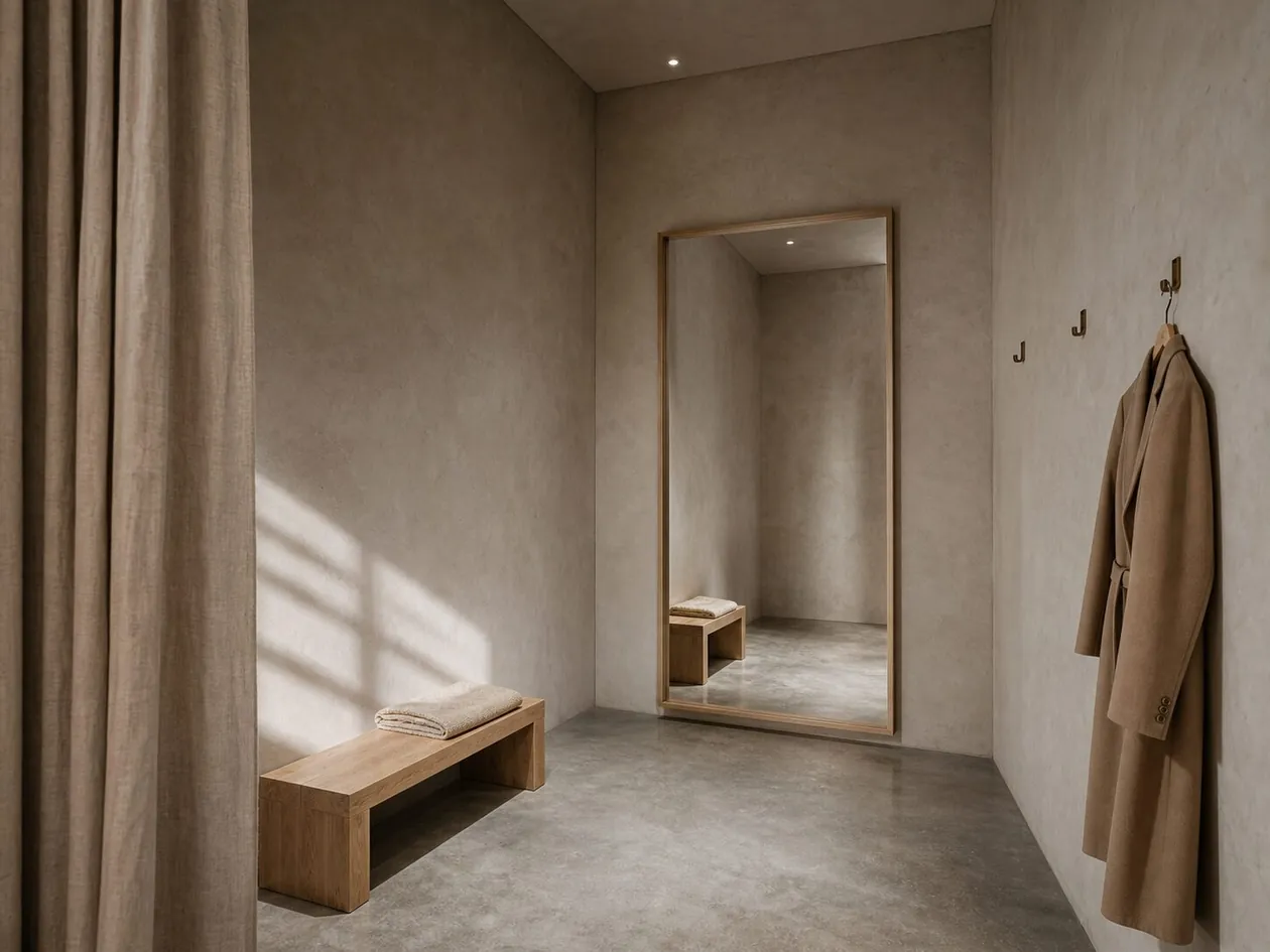 Inside a changing room with full-height oak-framed mirror, oak bench and bronze hooks — Boutique Office, Vienna