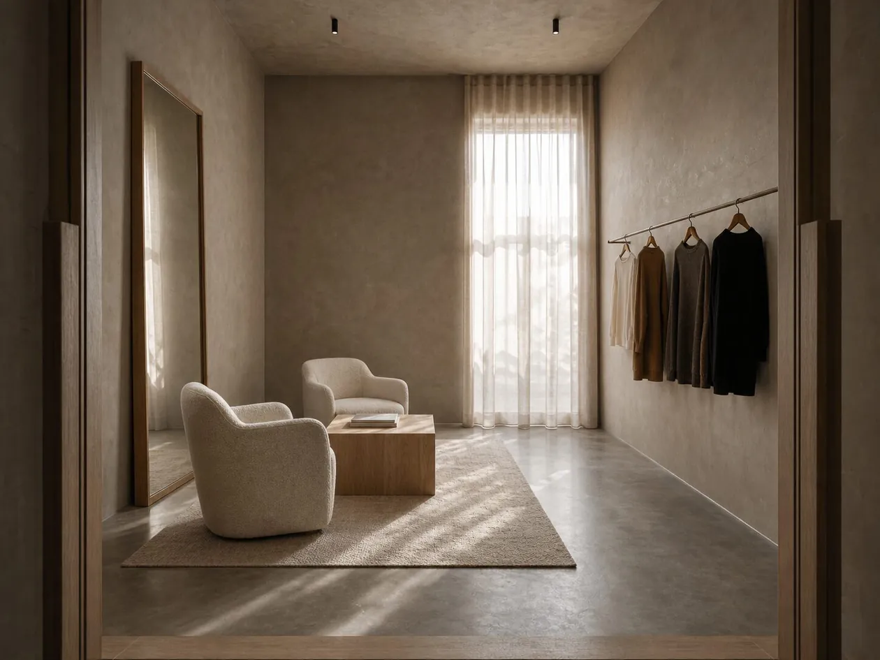 Private styling salon with cream boucl&eacute; armchairs, wool rug and a sheer-curtained window — Boutique Office, Vienna