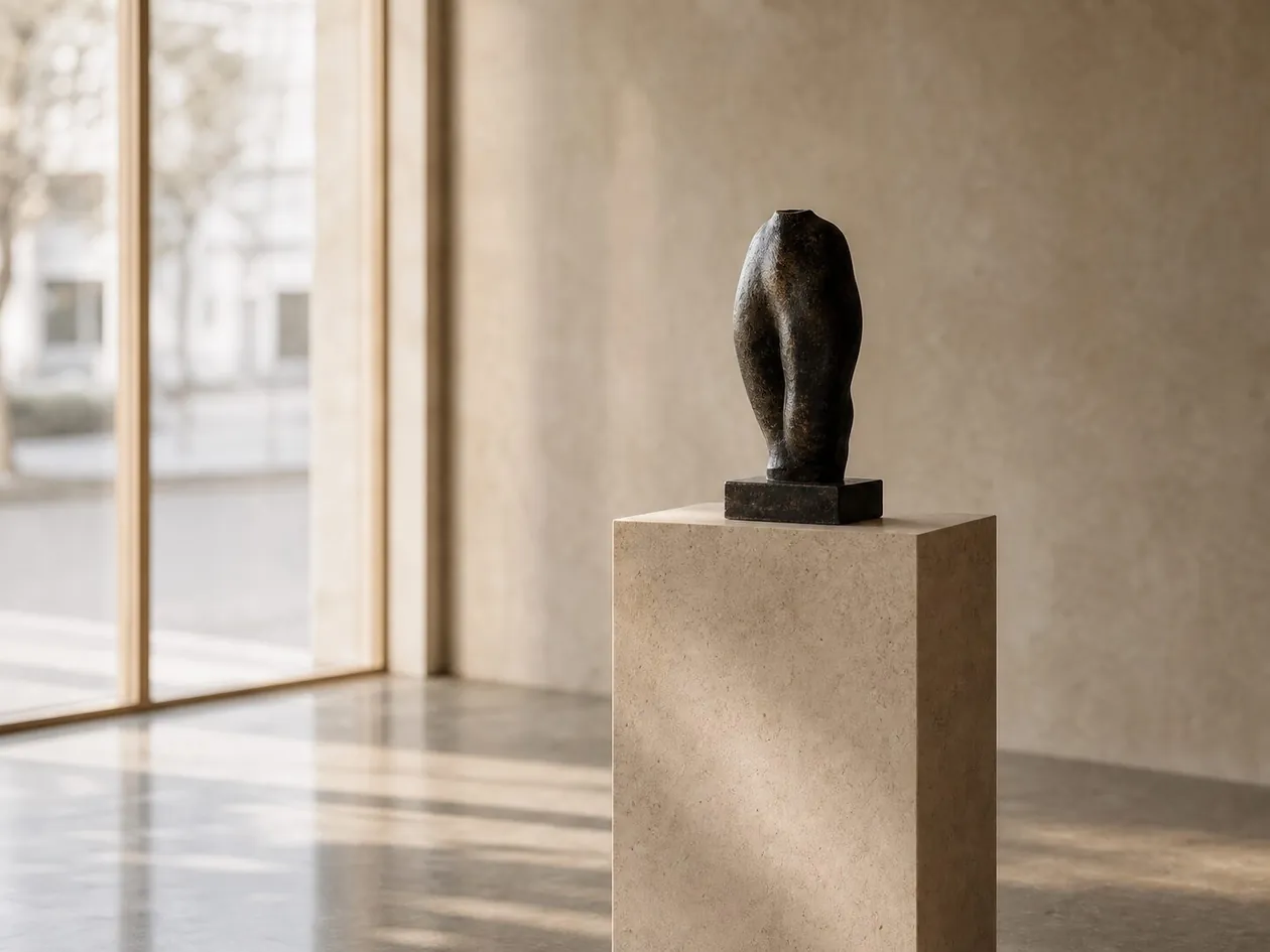 Bronze sculpture on a travertine plinth beside the glazing — Boutique Office, Vienna