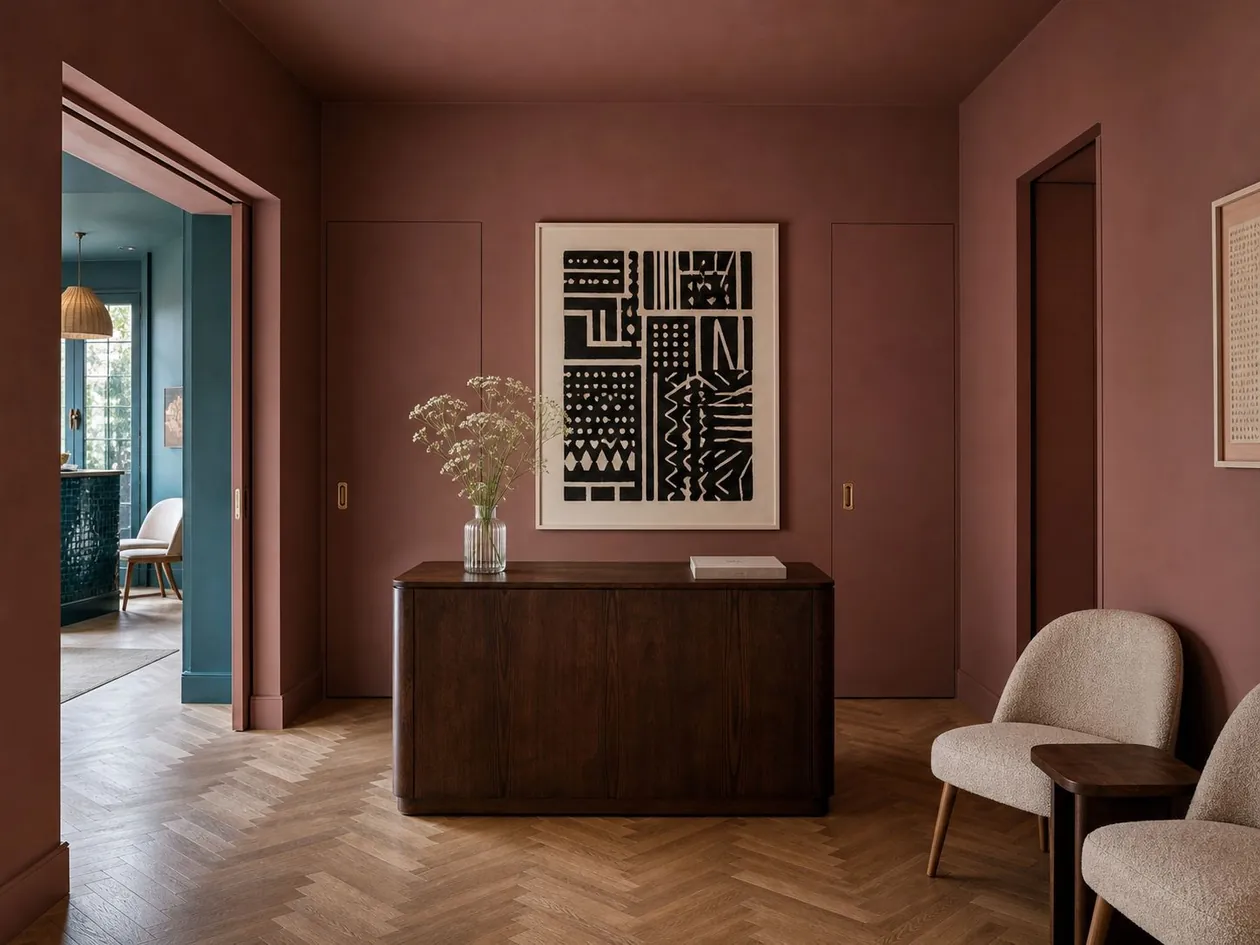 Reception with a solid walnut desk, dusty rose walls and a black-and-white mudcloth panel — Boutique Hotel