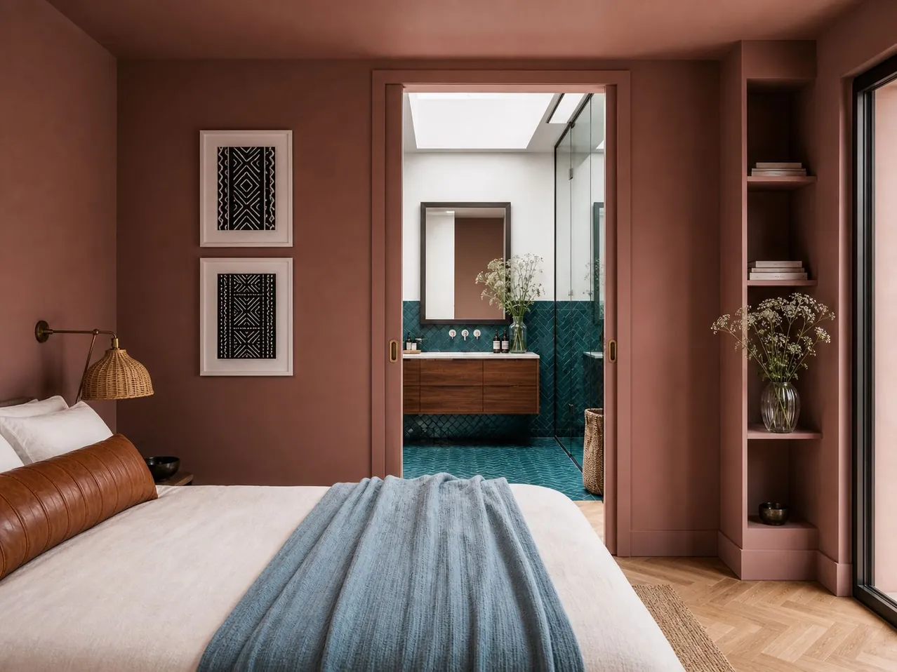 Guest room in dusty rose with white linen bed and the petrol-teal ensuite seen through open pocket doors — Boutique Hotel