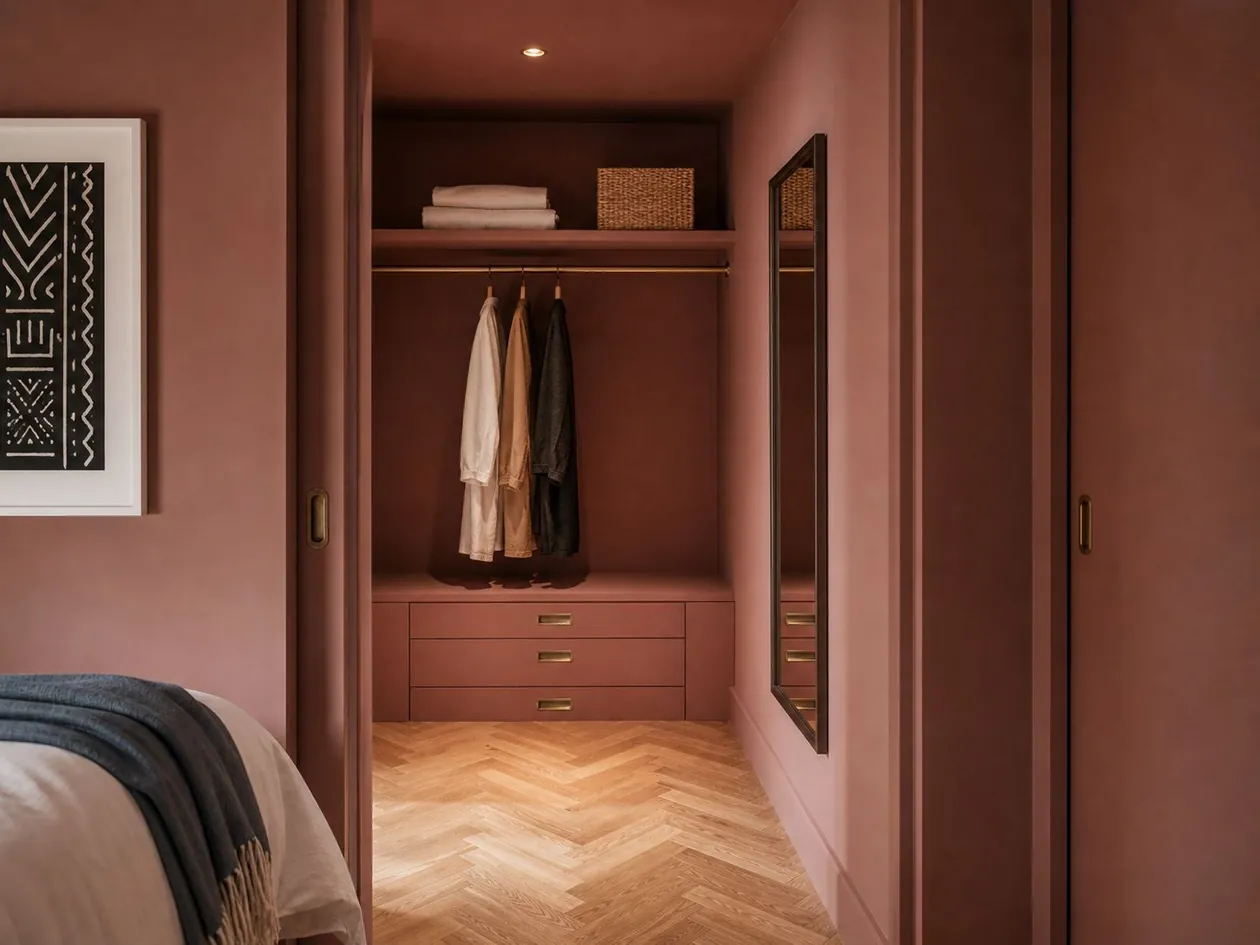 Dressing recess lined in dusty rose with a brass hanging rail and folded linen — Boutique Hotel