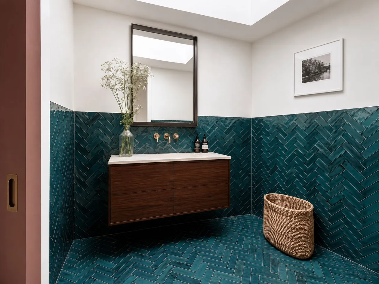 Ensuite bathroom in petrol-teal zellige with a floating walnut vanity and rooflight above — Boutique Hotel