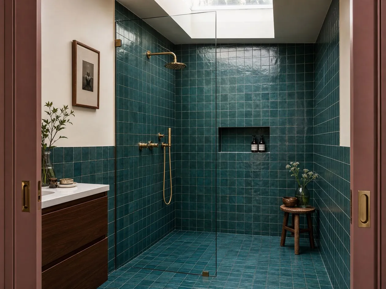 Walk-in shower behind a slim black-framed screen, petrol-teal zellige running unbroken — Boutique Hotel