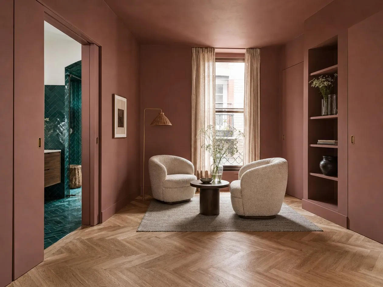 Suite sitting corner with bouclé armchairs, a walnut table and a glimpse of the teal bathroom — Boutique Hotel