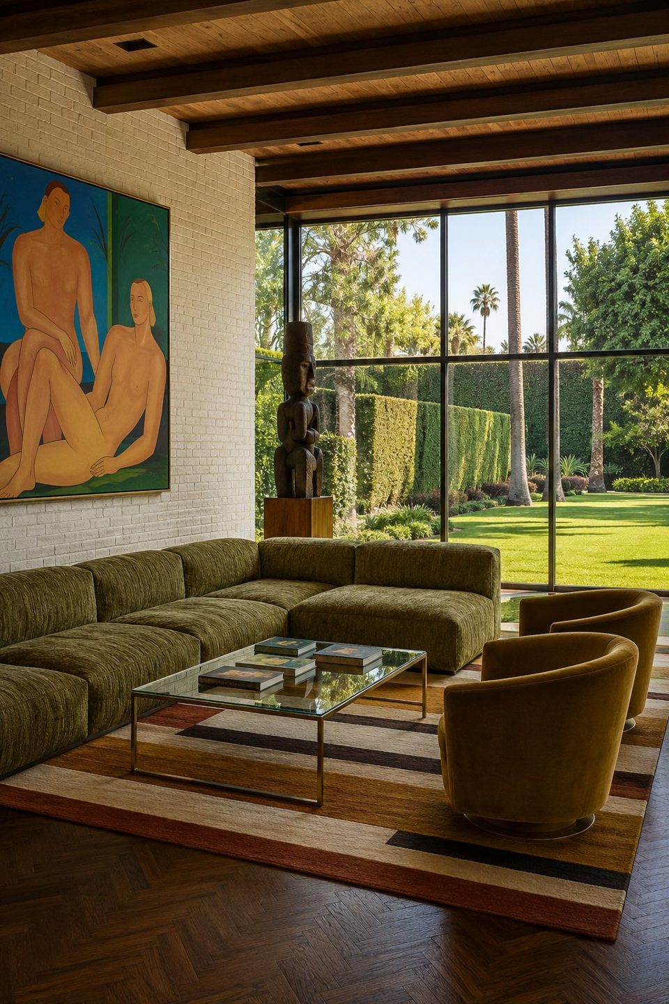 Grand room with olive sectional, modern art and garden view — Private Residence, California