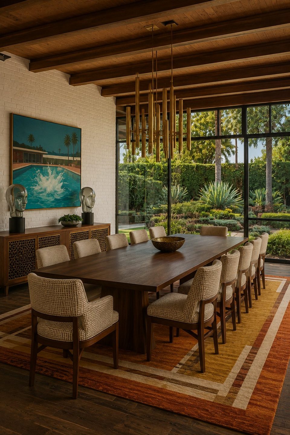 Dining room with walnut table, brass chandelier and pool painting — Private Residence, California