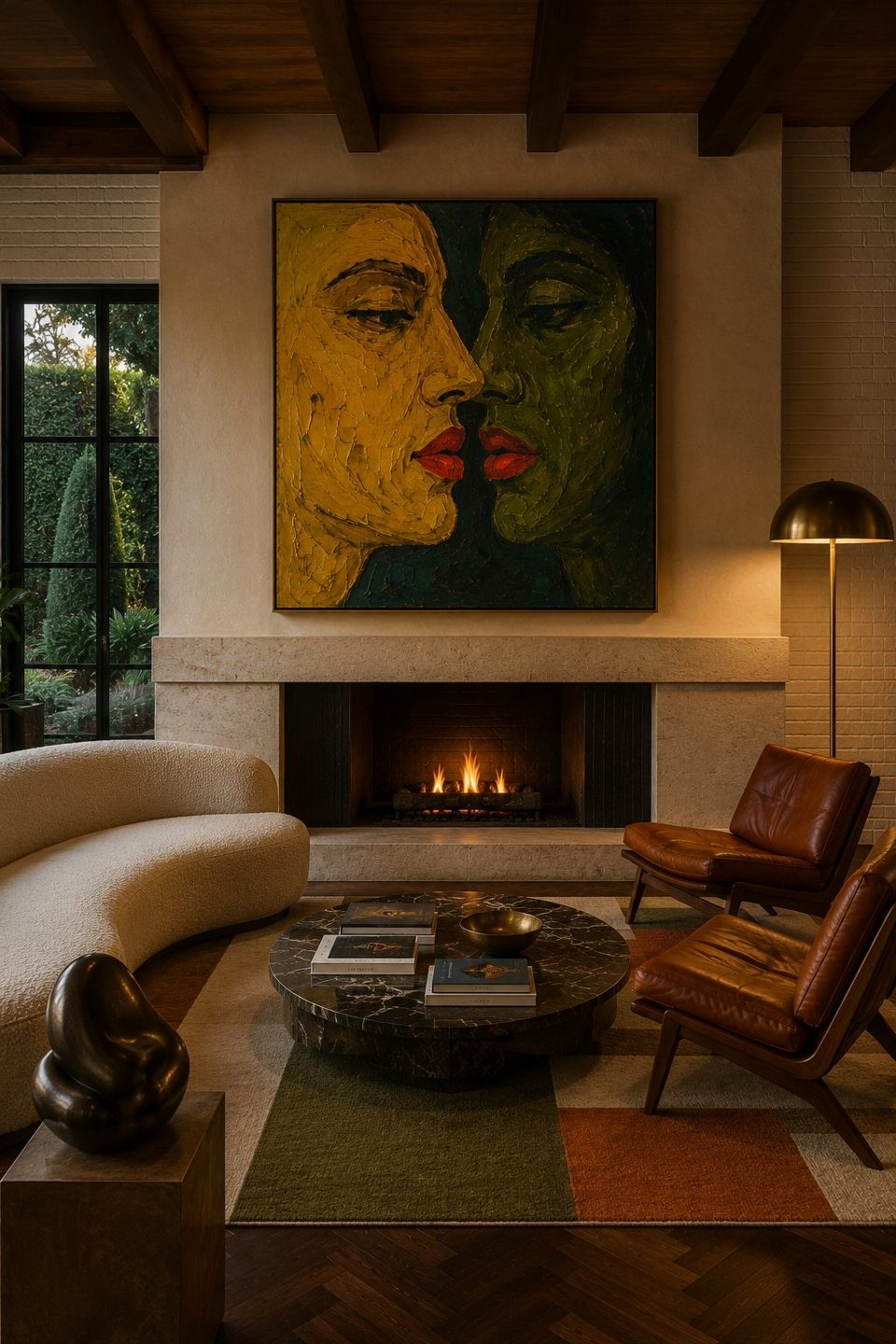 Fireplace lounge with cream boucle sofa and expressionist painting — Private Residence, California