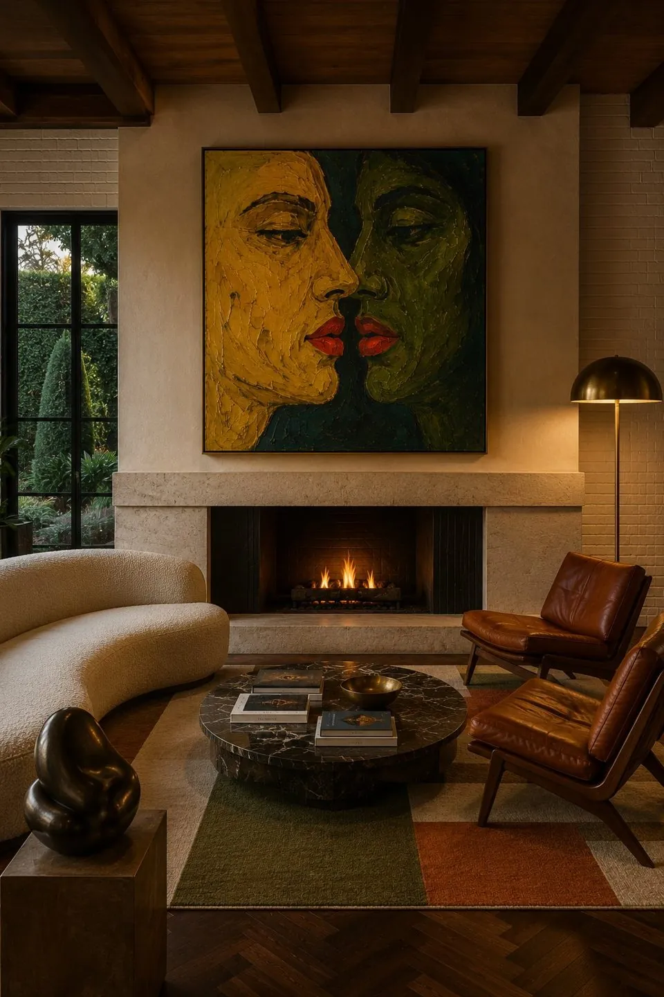 Fireplace lounge with cream boucle sofa and expressionist painting — Private Residence, California