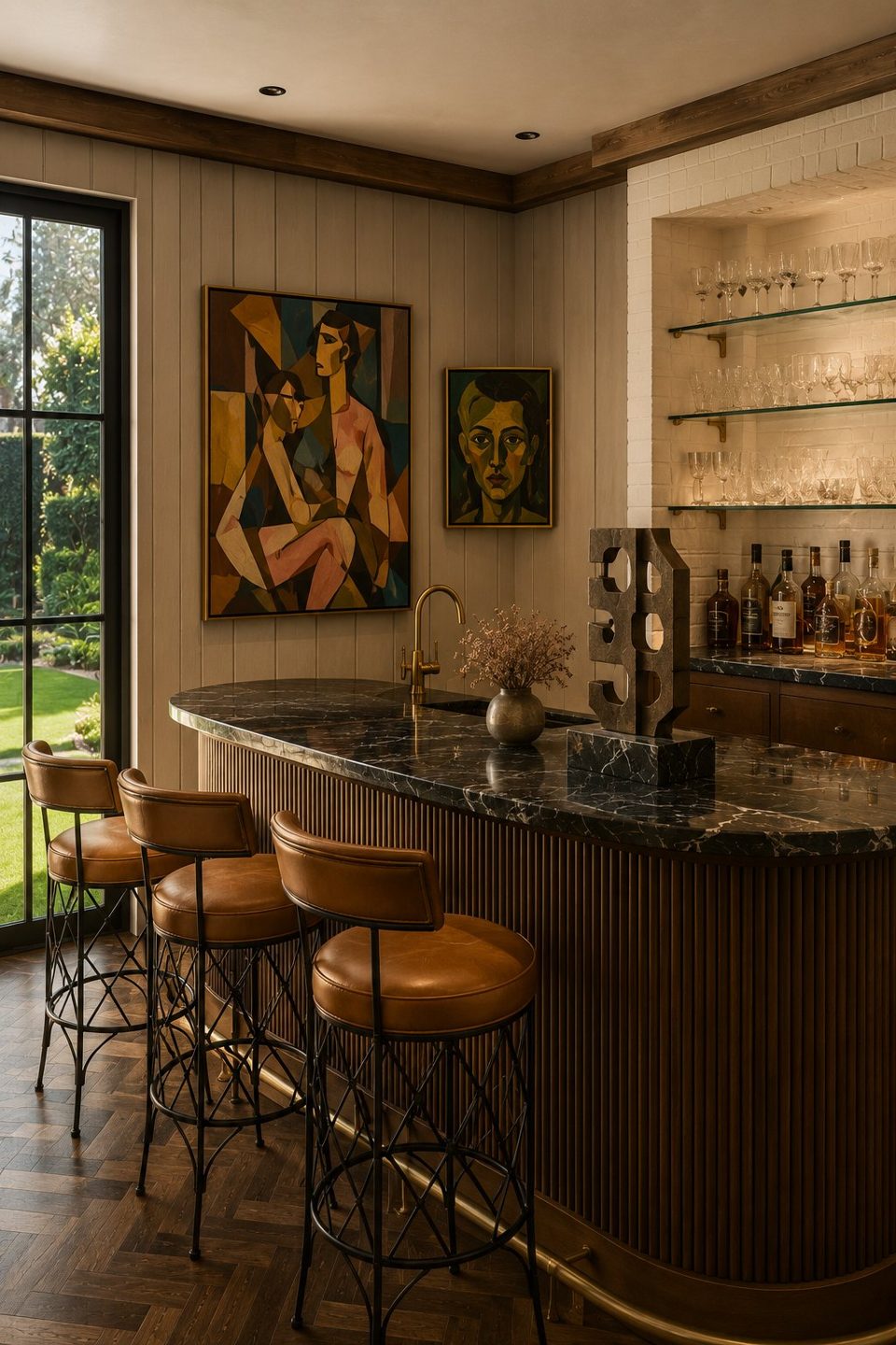 Home bar with fluted wood, black marble top and cubist art — Private Residence, California