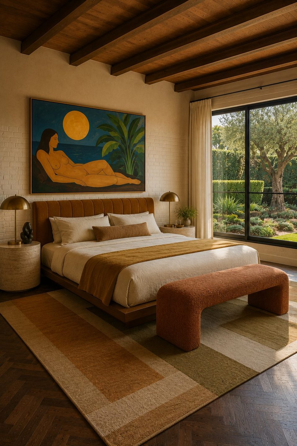 Master bedroom with walnut platform bed and modernist painting — Private Residence, California
