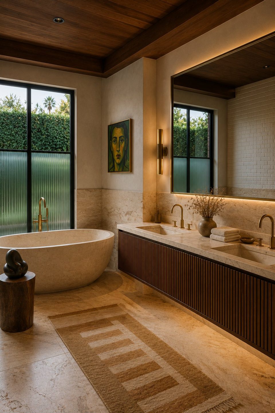 Master bathroom with stone bathtub, travertine and walnut vanity — Private Residence, California
