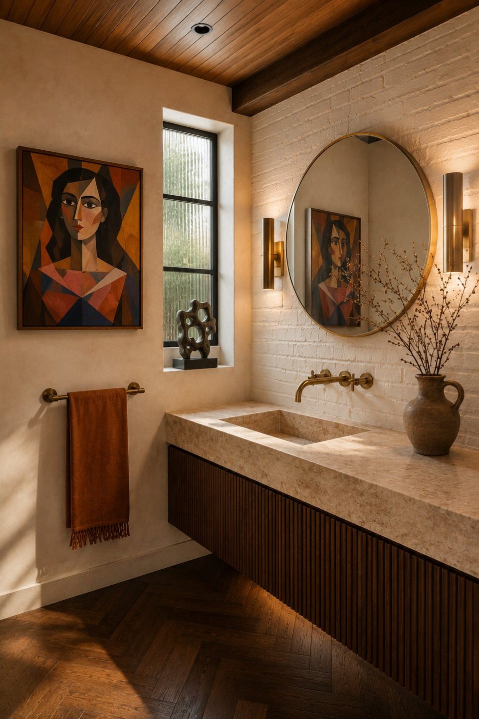 Powder room with travertine basin, fluted walnut and cubist portrait — Private Residence, California