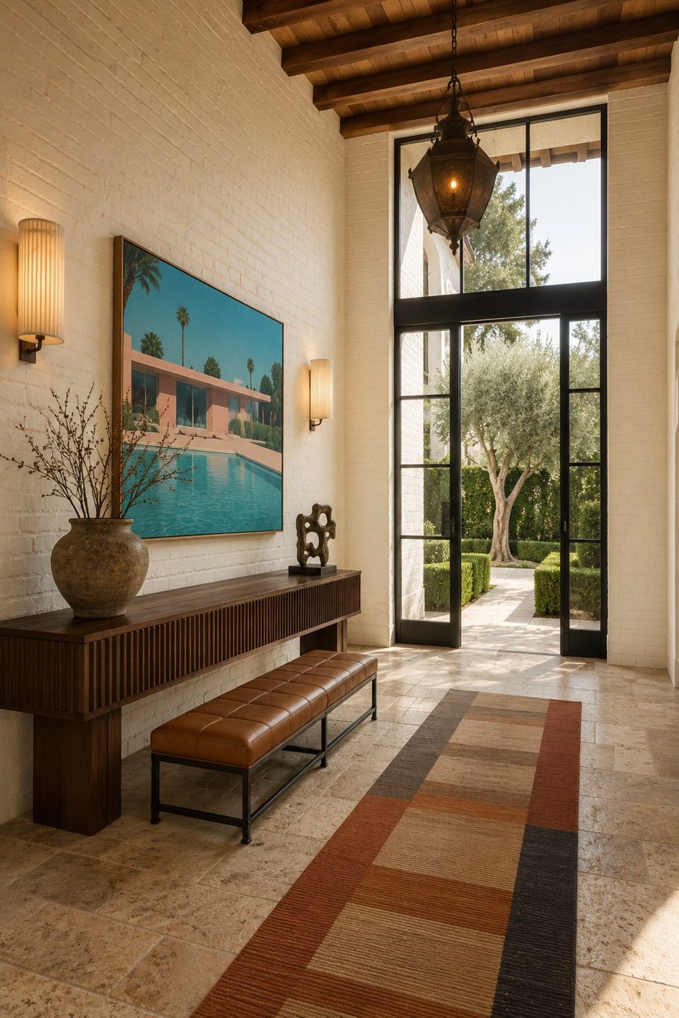 Double-height entry hall with steel-framed door, walnut console and pool painting — Private Residence, California