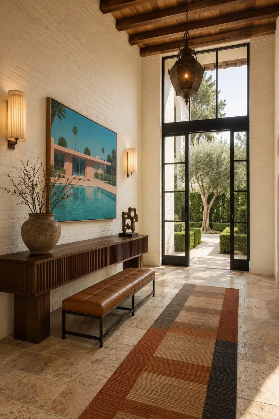Double-height entry hall with steel-framed door, walnut console and pool painting — Private Residence, California