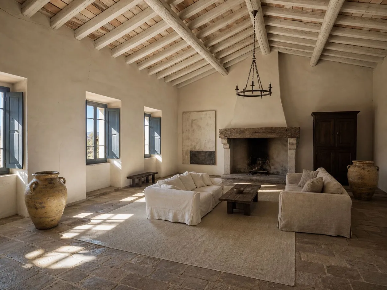 Large living room with stone fireplace, white linen sofas, beamed ceiling and blue-grey shuttered windows — Private Residence, Tuscany
