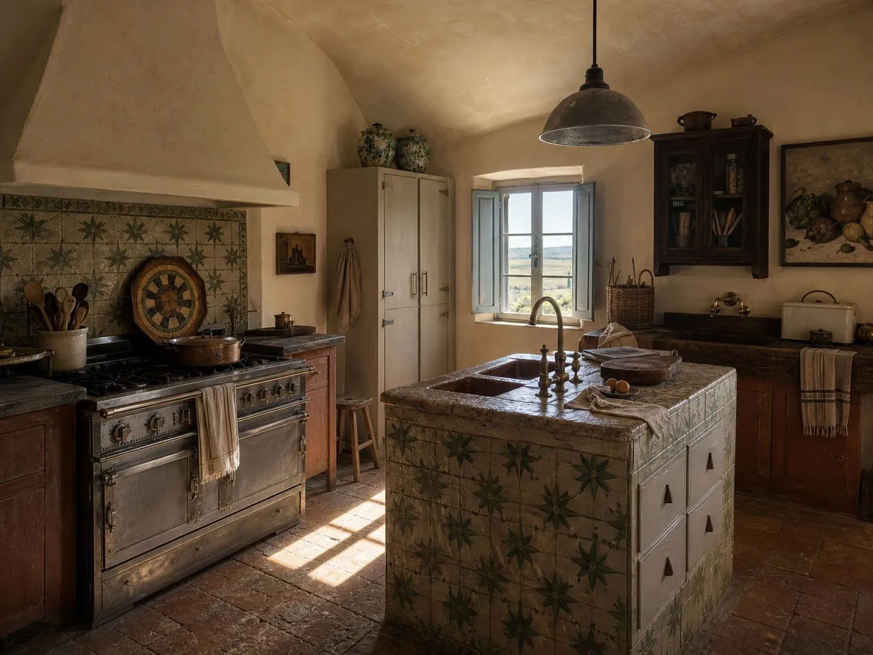 Vaulted kitchen with nickel range, plastered chimney hood, patterned tile island and terracotta-red cabinetry — Private Residence, Tuscany
