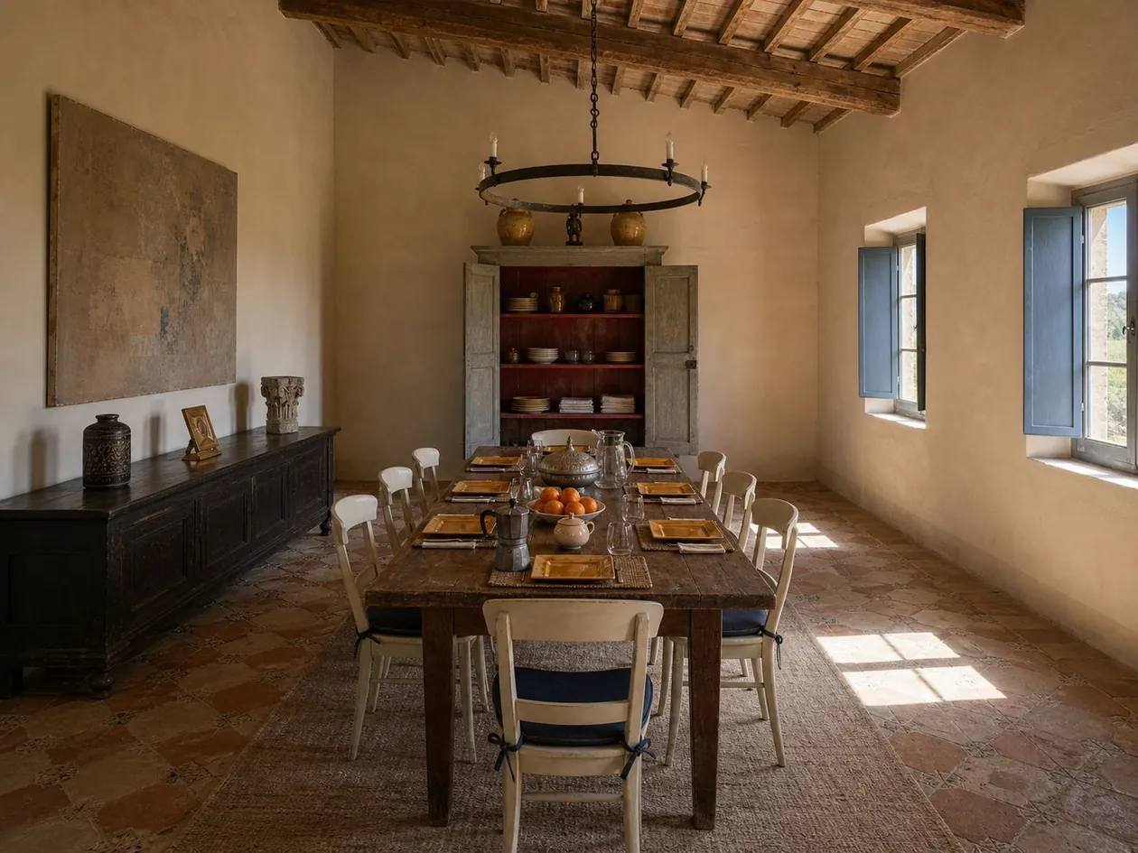 Dining room laid for a meal beneath a wrought-iron chandelier, with a painted cabinet standing open — Private Residence, Tuscany