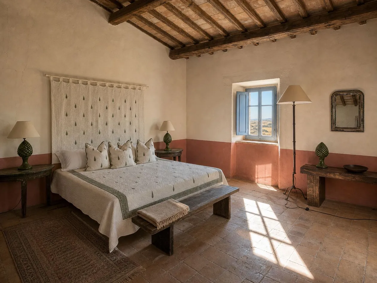 Main bedroom with quilted hanging above the bed, dusty-rose dado and cotto floor — Private Residence, Tuscany