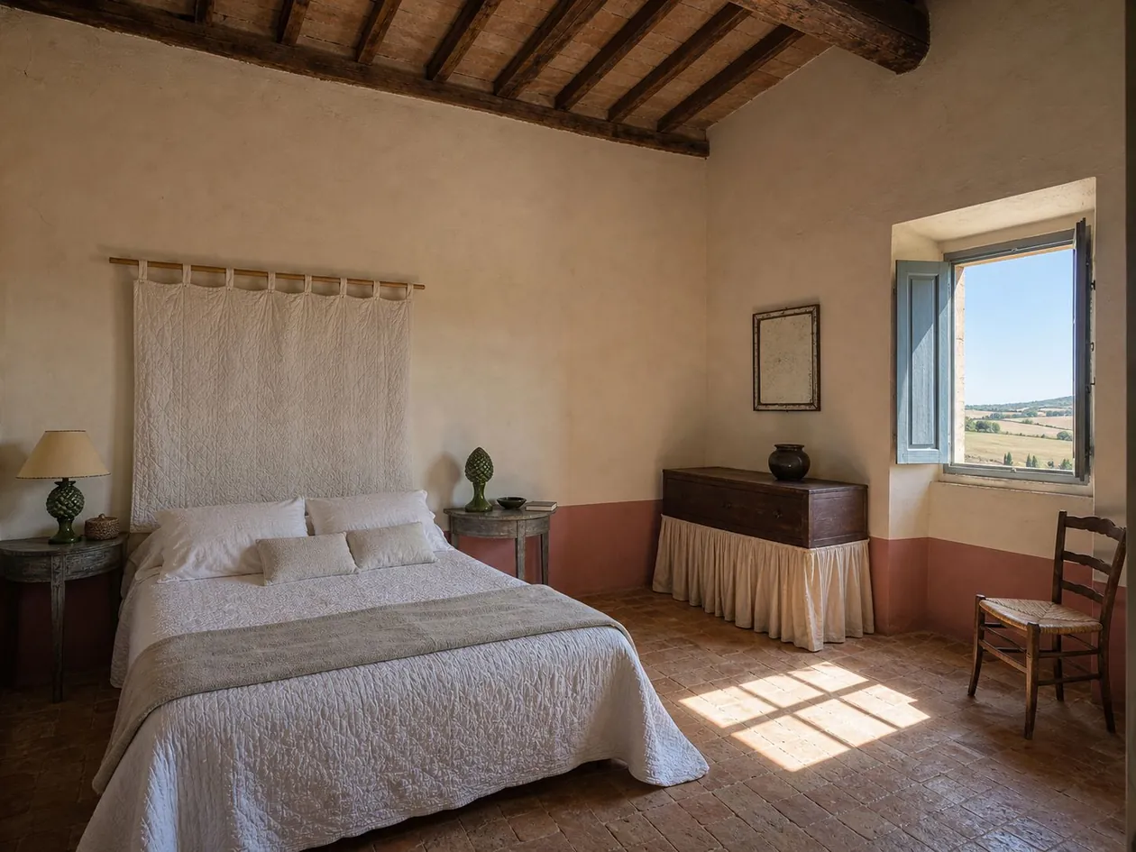 Guest bedroom with quilted white bedcover, skirted chest and half-moon side tables — Private Residence, Tuscany