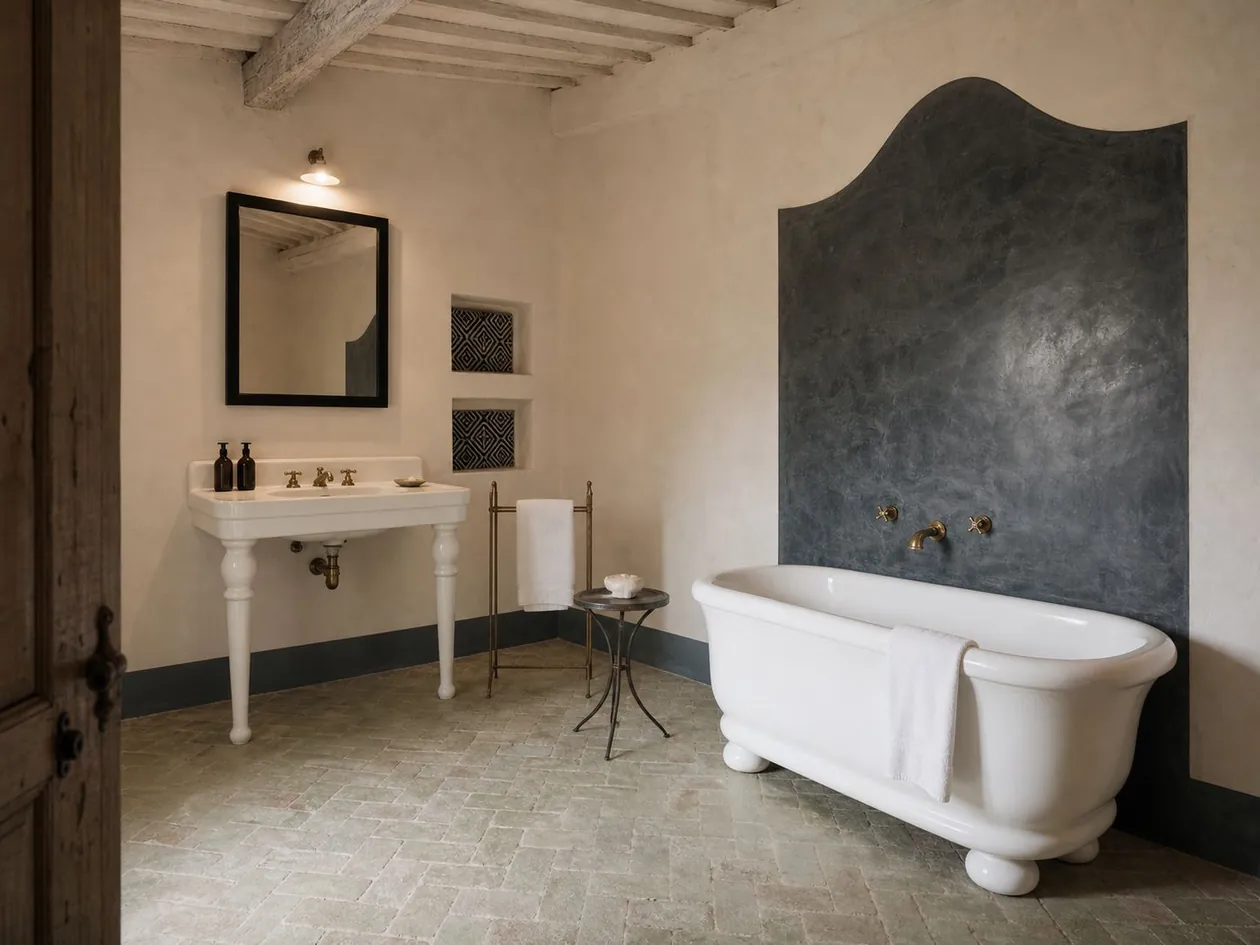 Bathroom with freestanding roll-top bath against a shaped polished-plaster panel and a porcelain console basin — Private Residence, Tuscany