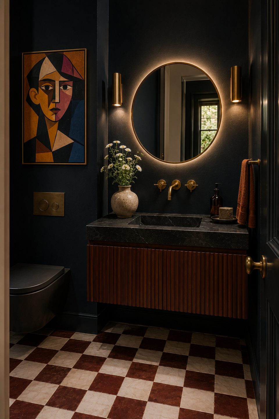 Powder room with fluted walnut vanity, backlit brass mirror and cubist portrait — Private Residence, London