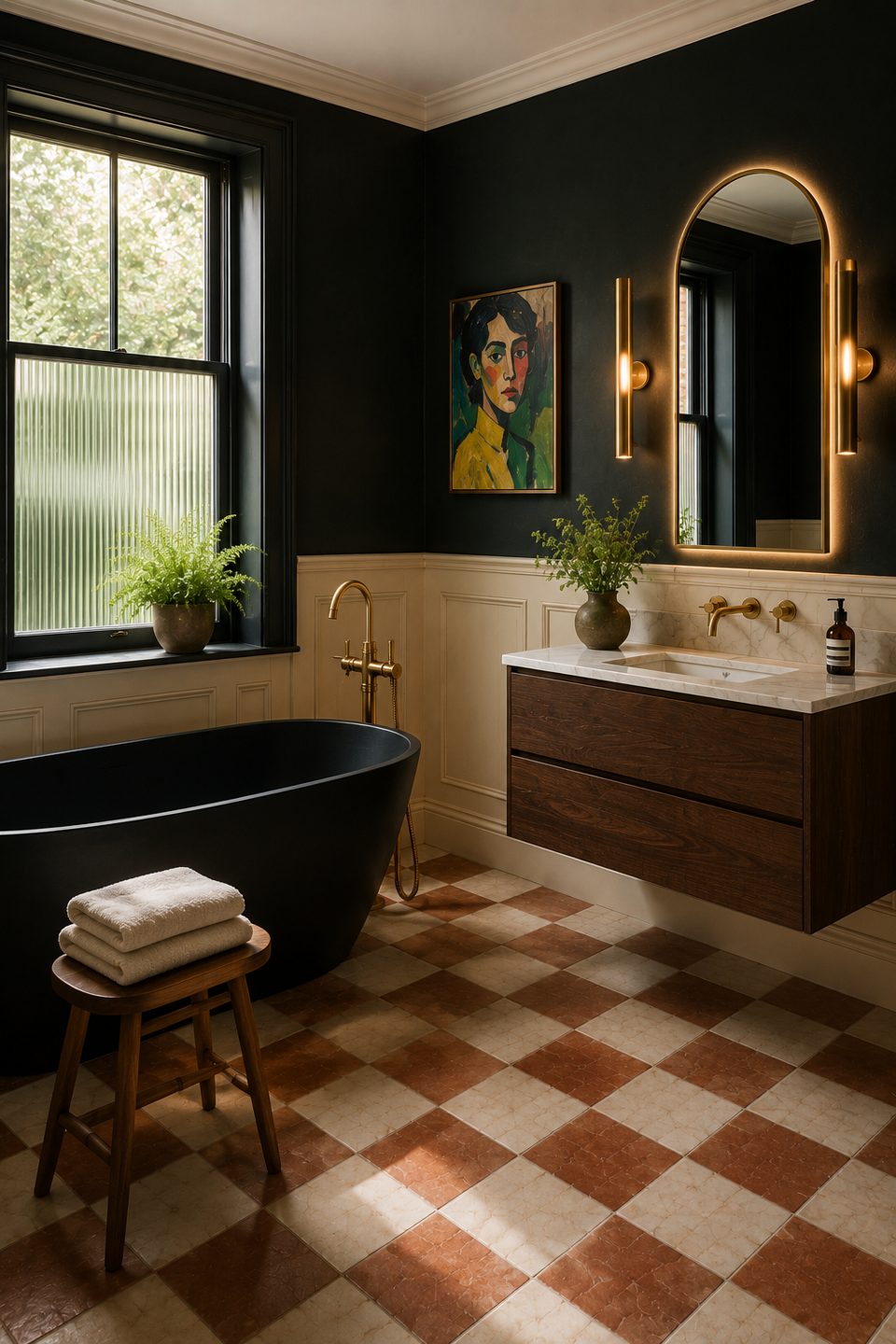 Bathroom with black freestanding bathtub, checkered floor and brass fittings — Private Residence, London