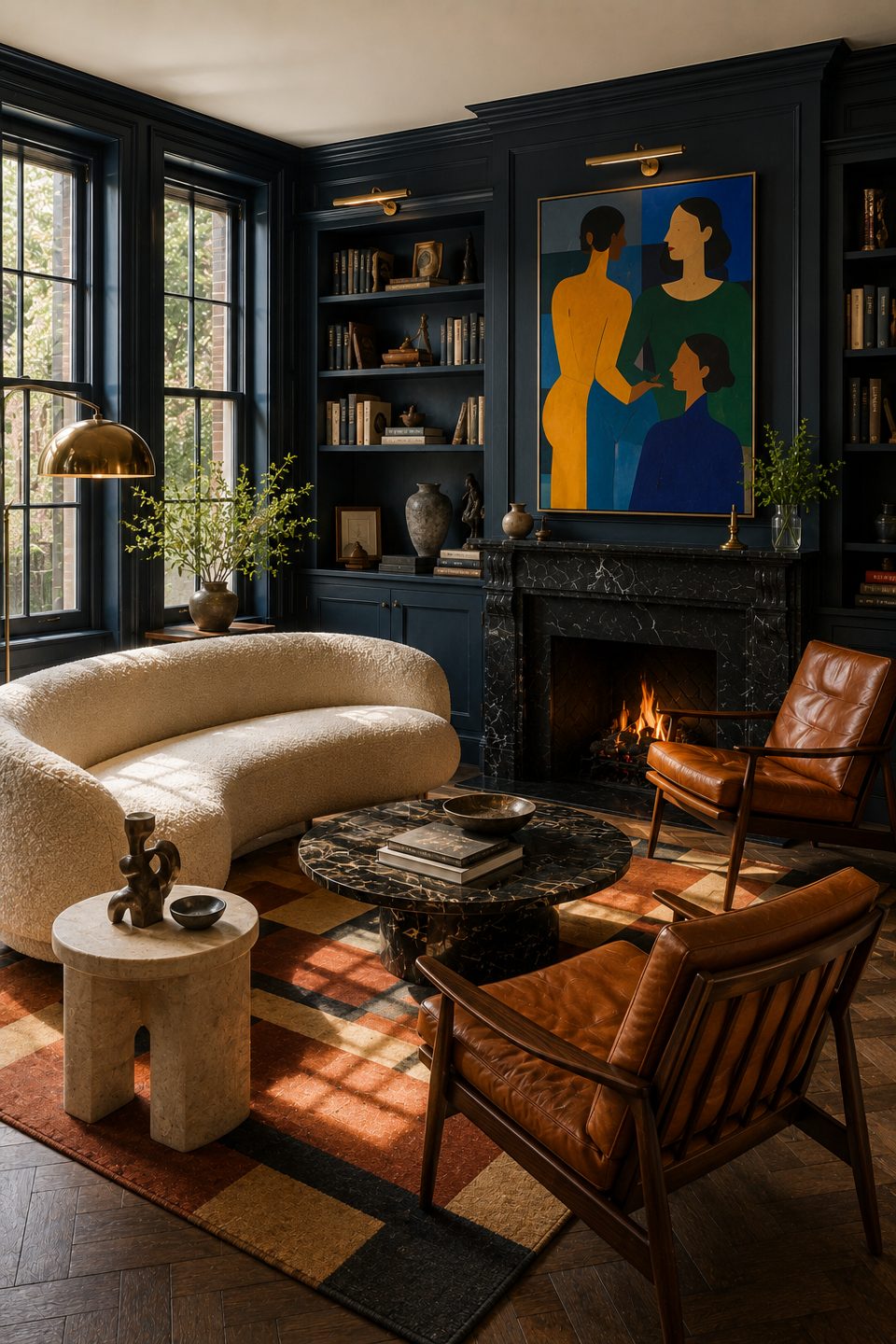 Living room with cream boucle sofa, leather lounge chairs and modern art over black marble fireplace — Private Residence, London