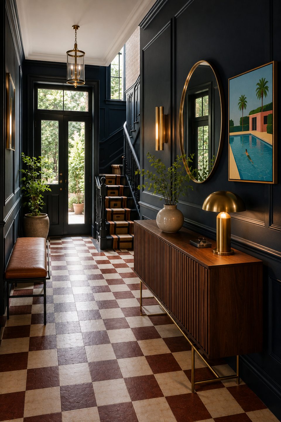 Entrance hall with checkered tile floor, walnut sideboard and pool painting — Private Residence, London