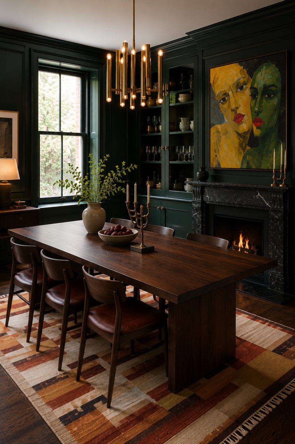 Dining room in bottle green with walnut table, brass chandelier and expressionist painting — Private Residence, London