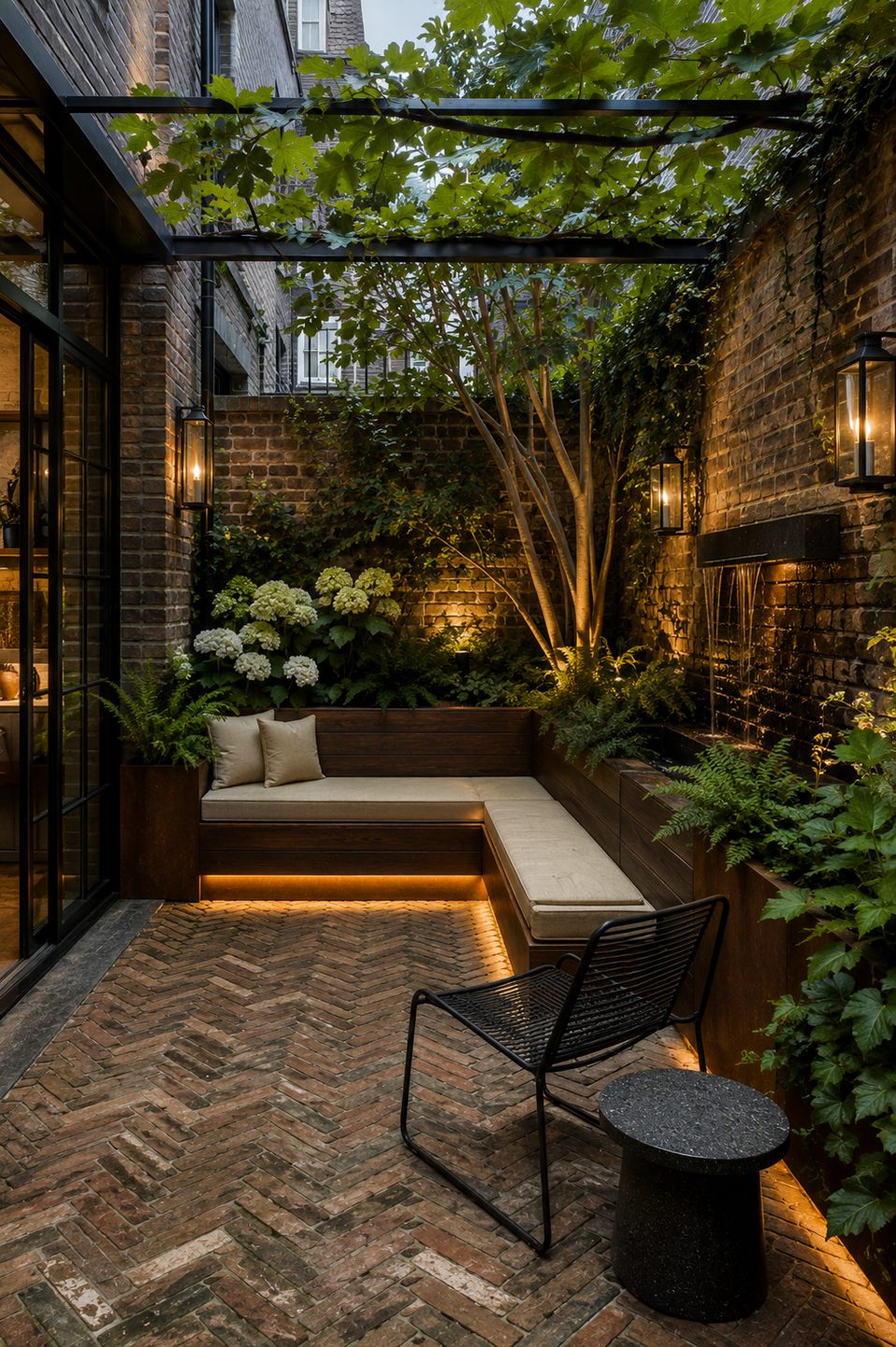 Courtyard garden with built-in bench, pergola, water feature and lantern light — Private Residence, London