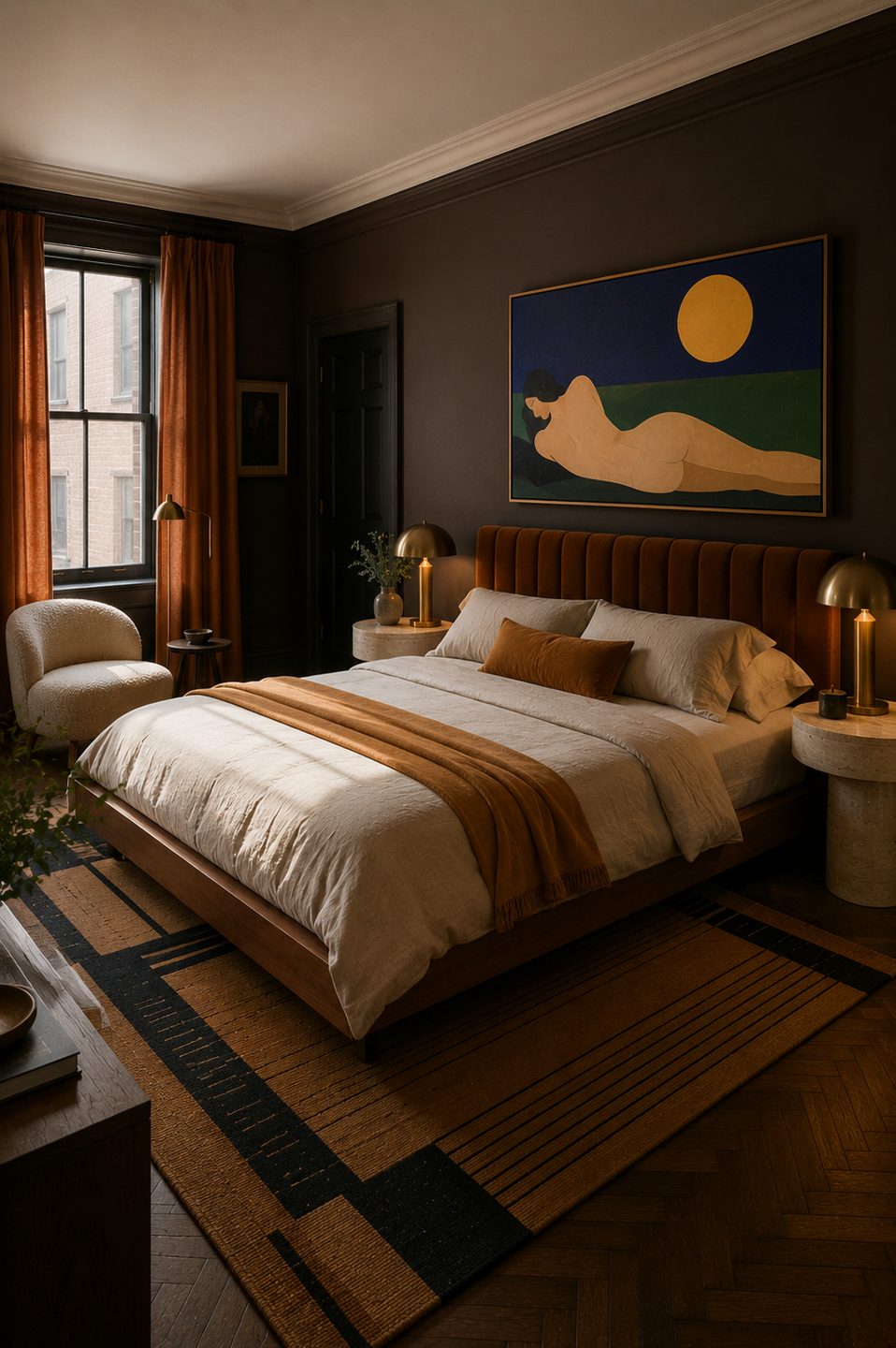 Bedroom with rust velvet headboard, travertine nightstands and modernist painting — Private Residence, London