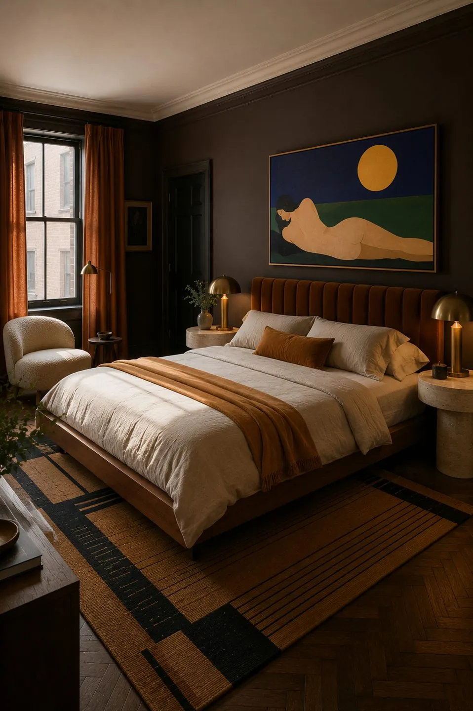 Bedroom with rust velvet headboard, travertine nightstands and modernist painting — Private Residence, London