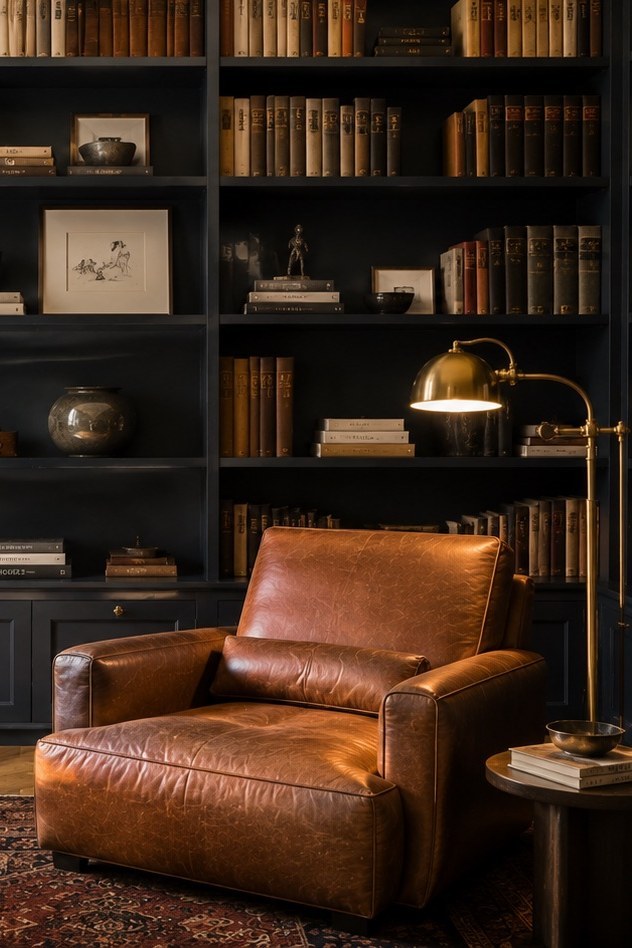 Study with navy built-in library, cognac leather armchair and brass reading lamp — Private Residence, London